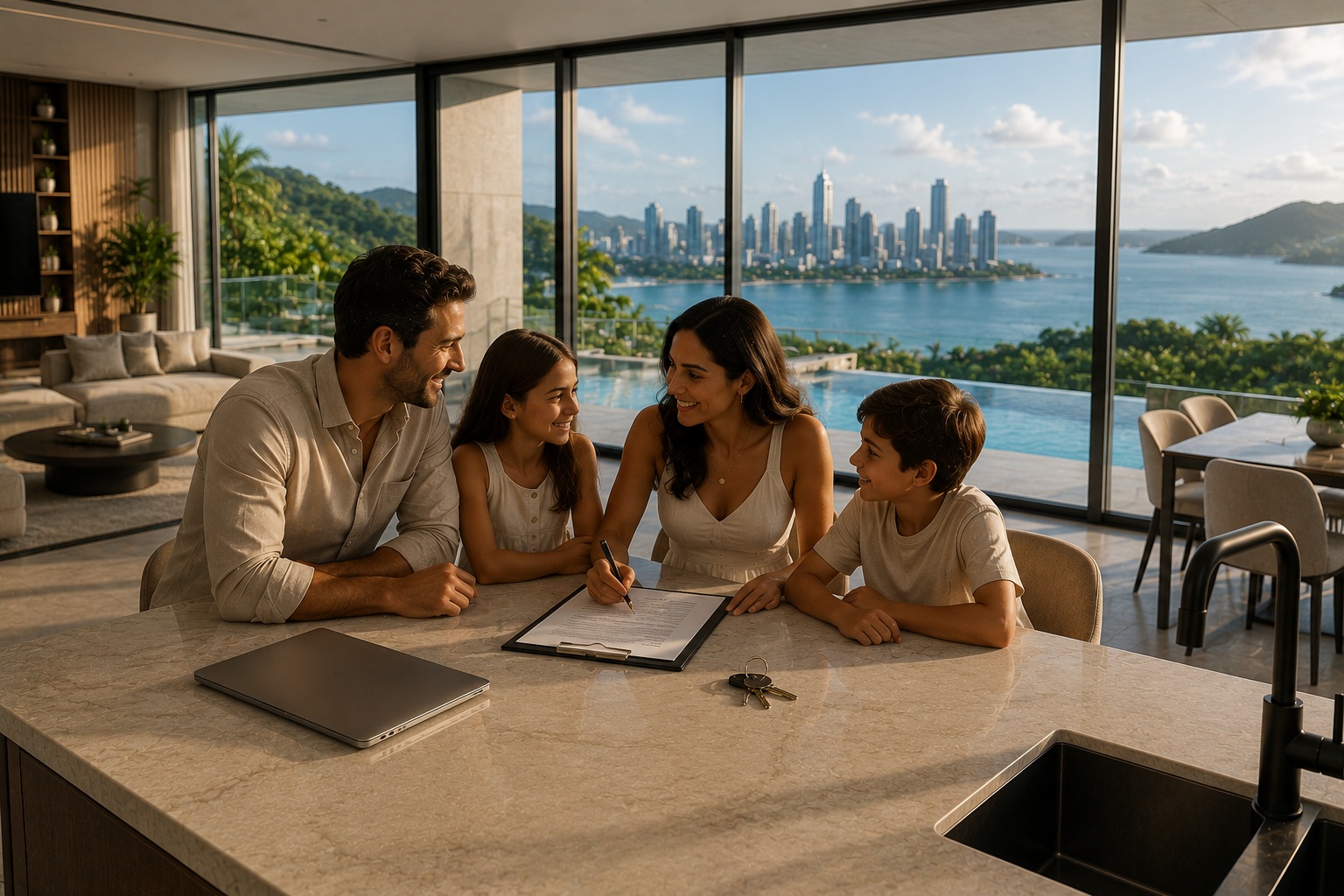 Advisors and clients around a table with the skyline