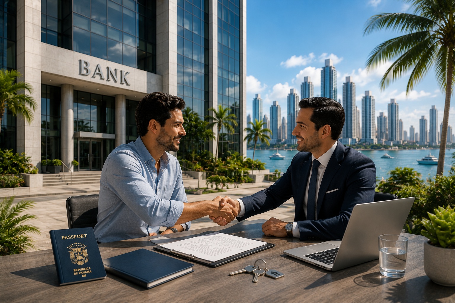 Handshake outside a bank in Panama City