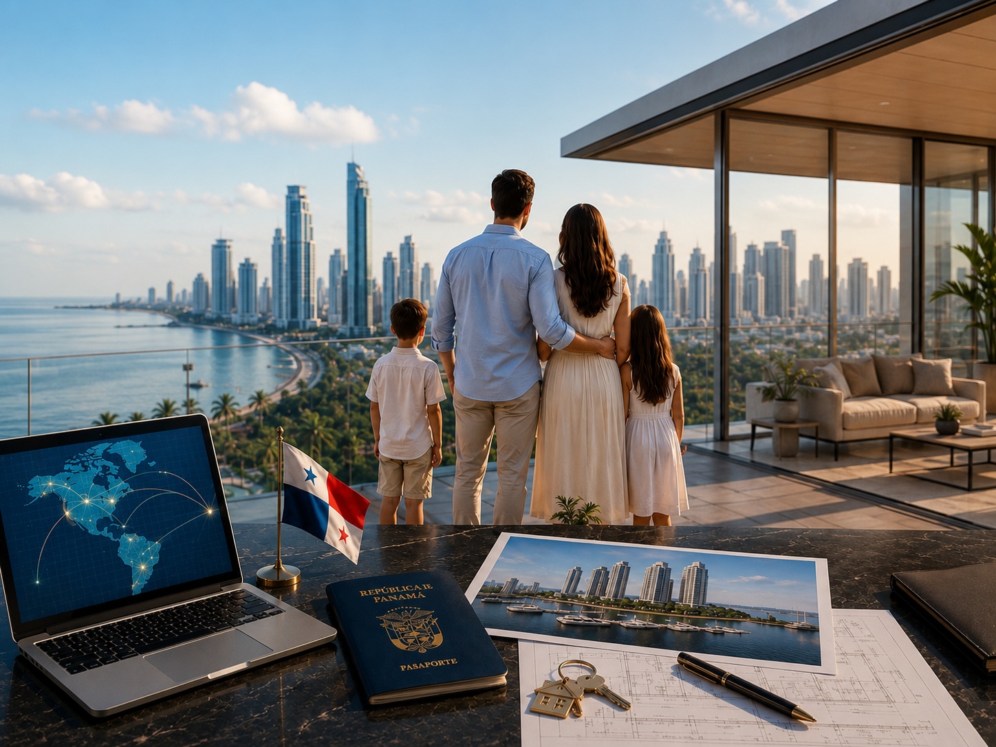 Couple on a terrace overlooking the Panama City skyline