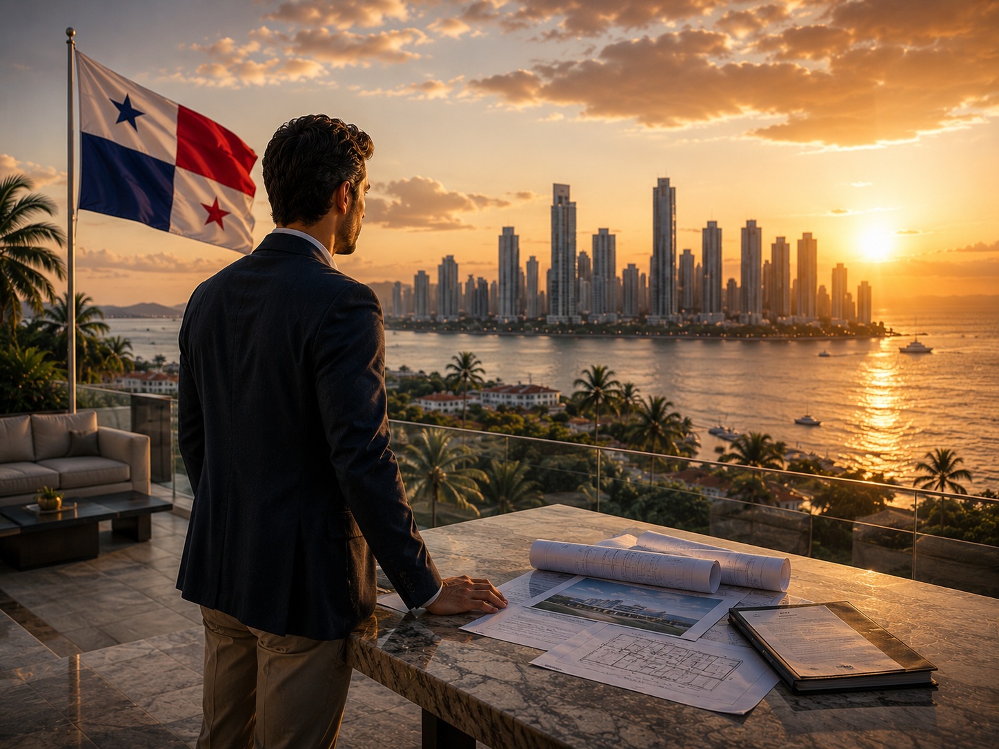 A man overlooking the city skyline at sunset