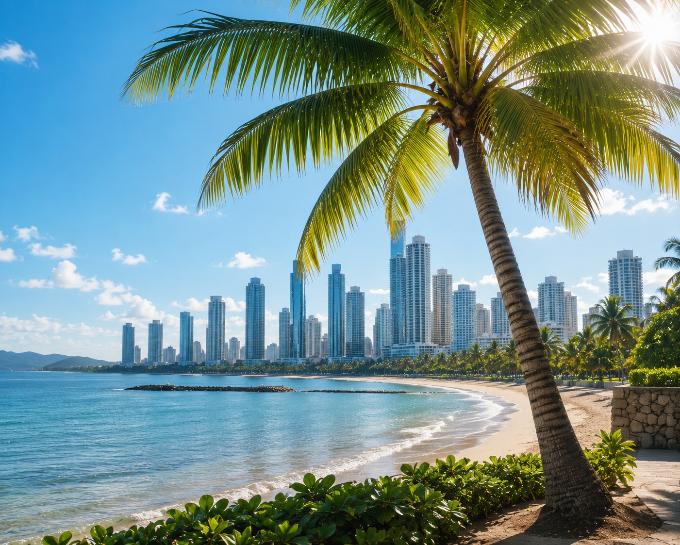 Palm tree, beach, and city skyline