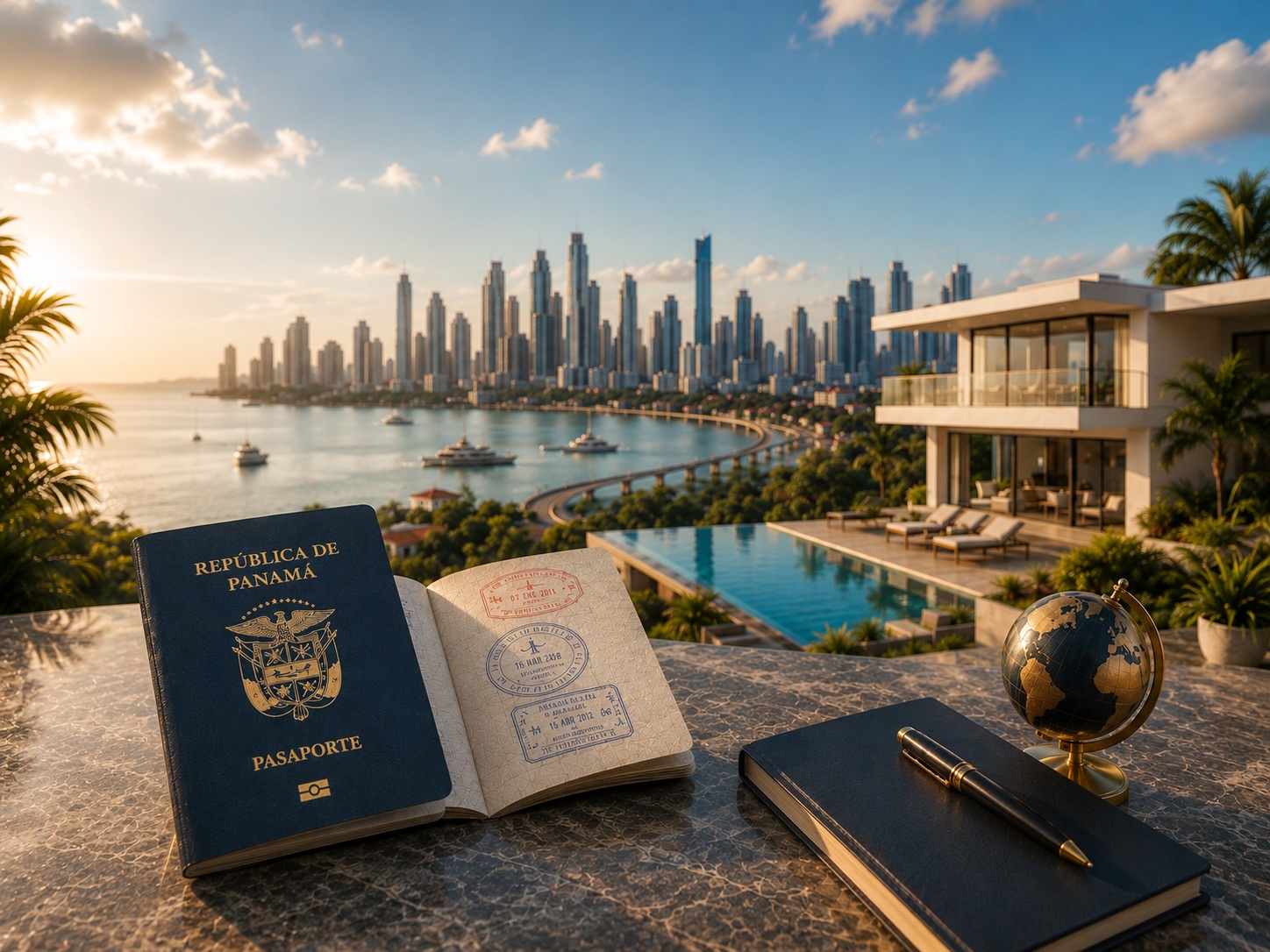 Waterfront villa with a Panama passport on the table