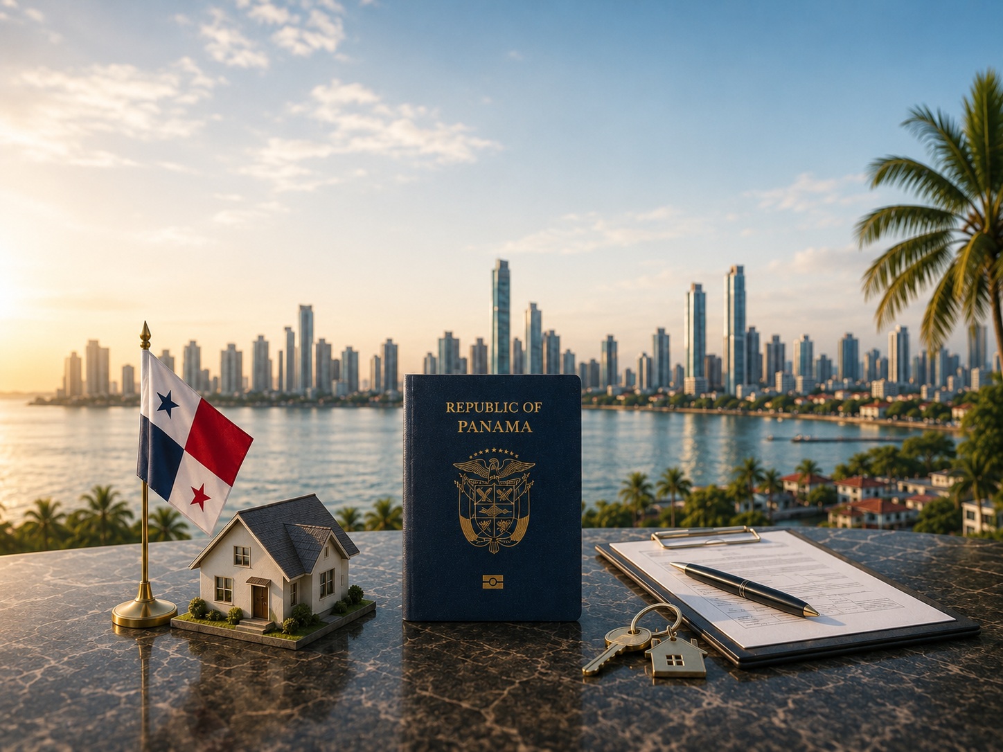 Panama passport, model house, keys, and documents on a table