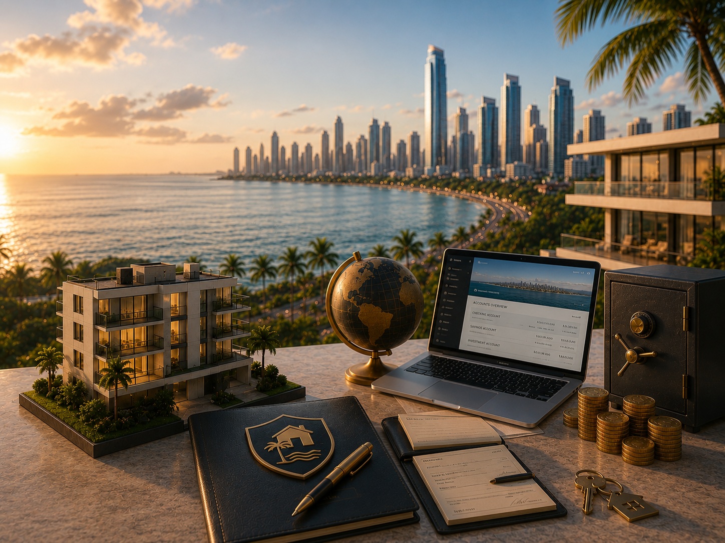 Model building, globe, laptop, and coins overlooking the coast